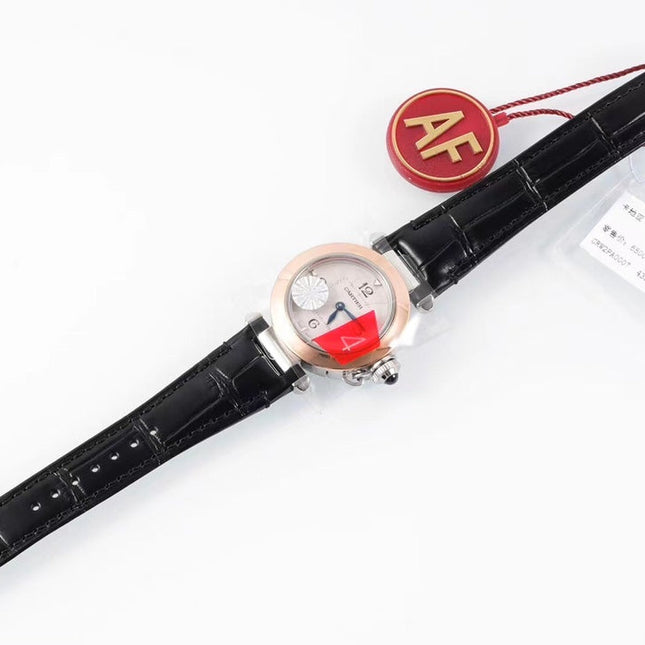 PASHA DE CARTIER WATCH ROSE GOLD AND SILVER CASE AND BLACK LEATHER STRAP
