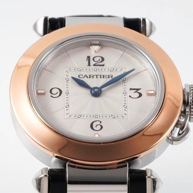 PASHA DE CARTIER WATCH ROSE GOLD AND SILVER CASE AND BLACK LEATHER STRAP