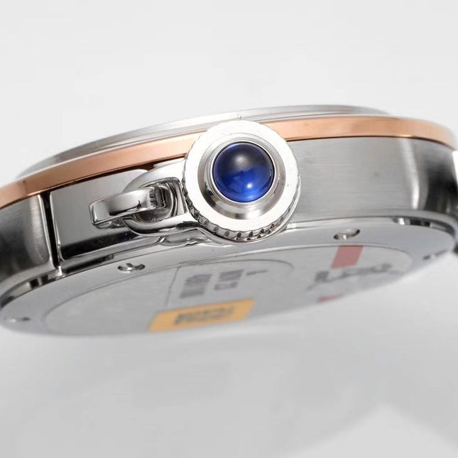 PASHA DE CARTIER WATCH ROSE GOLD AND SILVER CASE AND BLACK LEATHER STRAP