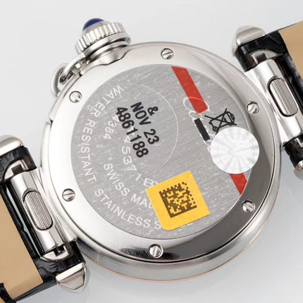 PASHA DE CARTIER WATCH ROSE GOLD AND SILVER CASE AND BLACK LEATHER STRAP
