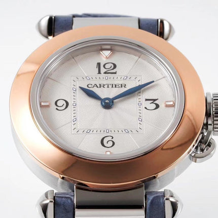 PASHA DE CARTIER WATCH ROSE GOLD AND SILVER CASE AND STONE BLUE LEATHER STRAP