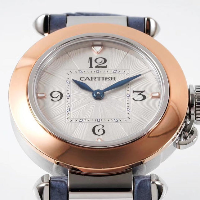 PASHA DE CARTIER WATCH ROSE GOLD AND SILVER CASE AND STONE BLUE LEATHER STRAP