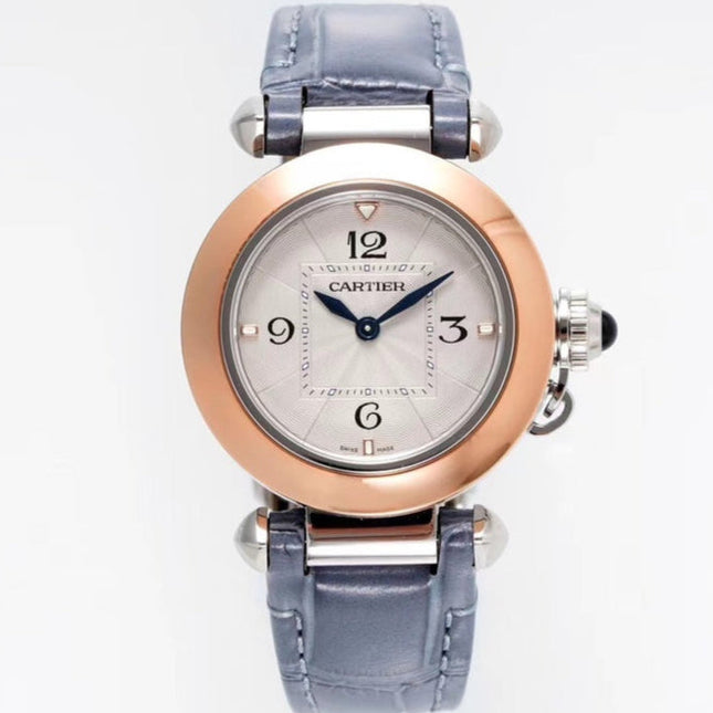 PASHA DE CARTIER WATCH ROSE GOLD AND SILVER CASE AND STONE BLUE LEATHER STRAP