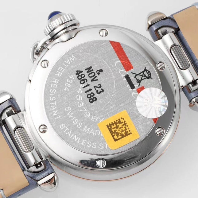 PASHA DE CARTIER WATCH ROSE GOLD AND SILVER CASE AND STONE BLUE LEATHER STRAP