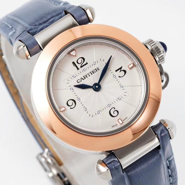 PASHA DE CARTIER WATCH ROSE GOLD AND SILVER CASE AND STONE BLUE LEATHER STRAP