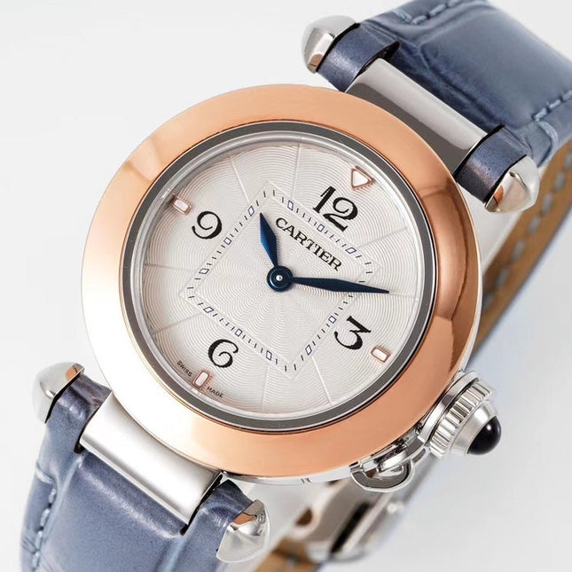 PASHA DE CARTIER WATCH ROSE GOLD AND SILVER CASE AND STONE BLUE LEATHER STRAP