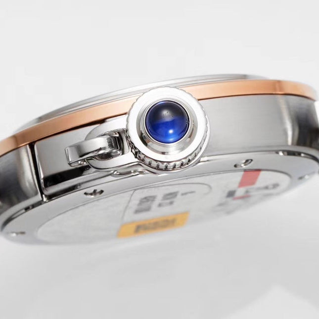 PASHA DE CARTIER WATCH ROSE GOLD AND SILVER CASE AND STONE BLUE LEATHER STRAP