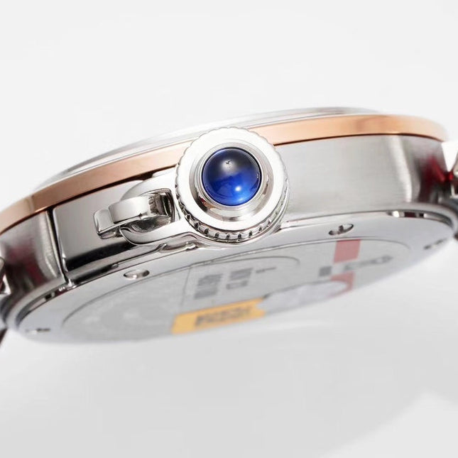 PASHA DE CARTIER WATCH ROSE GOLD AND SILVER CASE AND CRIMSON RED LEATHER STRAP