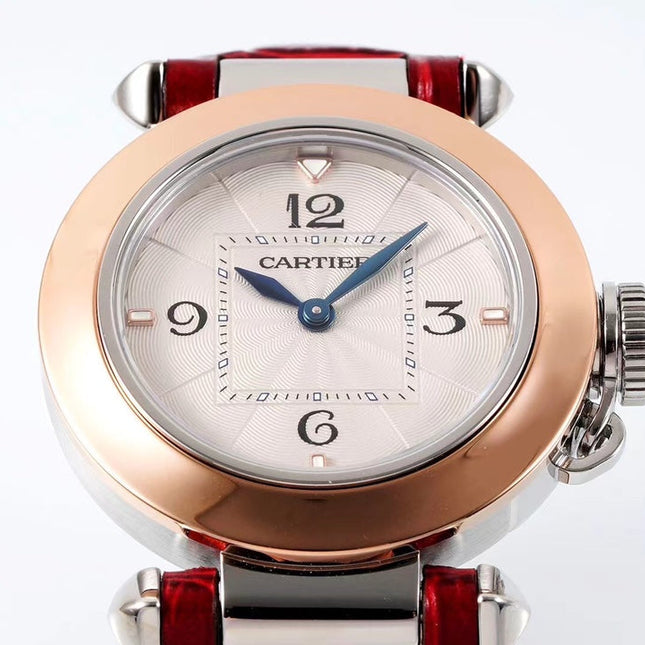PASHA DE CARTIER WATCH ROSE GOLD AND SILVER CASE AND CRIMSON RED LEATHER STRAP