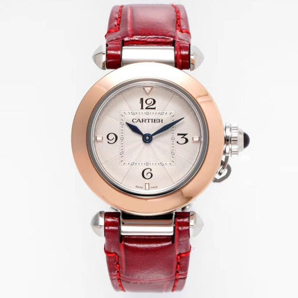 PASHA DE CARTIER WATCH ROSE GOLD AND SILVER CASE AND CRIMSON RED LEATHER STRAP