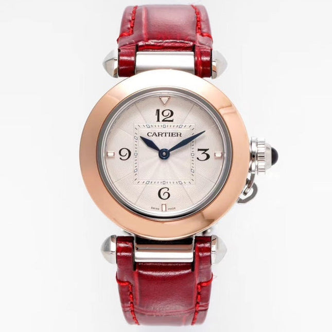 PASHA DE CARTIER WATCH ROSE GOLD AND SILVER CASE AND CRIMSON RED LEATHER STRAP