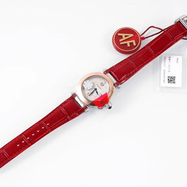 PASHA DE CARTIER WATCH ROSE GOLD AND SILVER CASE AND CRIMSON RED LEATHER STRAP