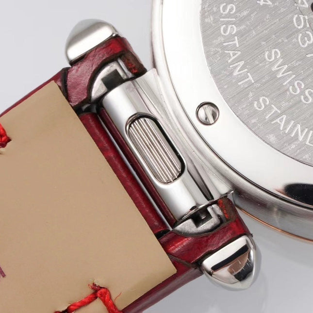 PASHA DE CARTIER WATCH ROSE GOLD AND SILVER CASE AND CRIMSON RED LEATHER STRAP