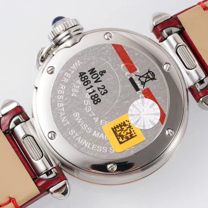 PASHA DE CARTIER WATCH ROSE GOLD AND SILVER CASE AND CRIMSON RED LEATHER STRAP