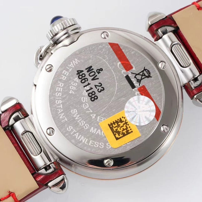 PASHA DE CARTIER WATCH ROSE GOLD AND SILVER CASE AND CRIMSON RED LEATHER STRAP