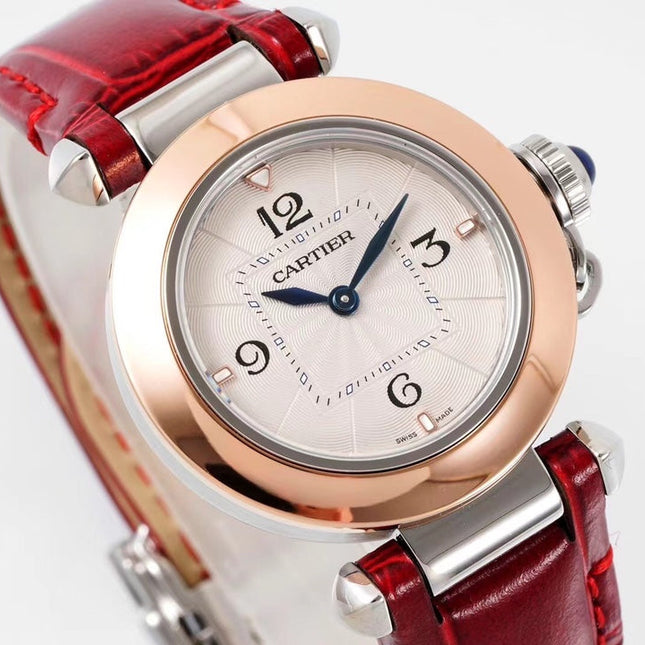 PASHA DE CARTIER WATCH ROSE GOLD AND SILVER CASE AND CRIMSON RED LEATHER STRAP