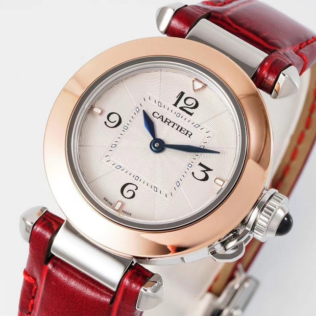 PASHA DE CARTIER WATCH ROSE GOLD AND SILVER CASE AND CRIMSON RED LEATHER STRAP