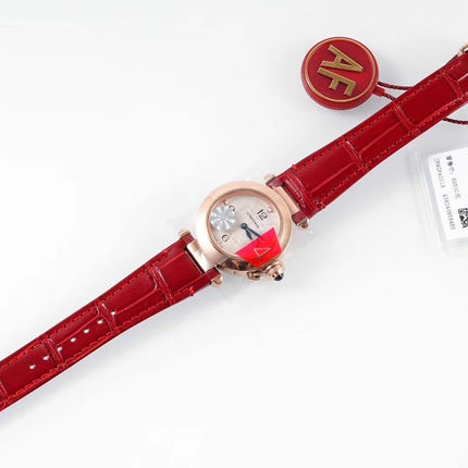 PASHA DE CARTIER WATCH ROSE GOLD CASE AND CRIMSON RED LEATHER STRAP