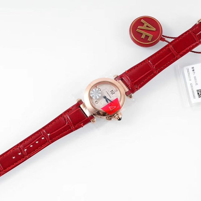 PASHA DE CARTIER WATCH ROSE GOLD CASE AND CRIMSON RED LEATHER STRAP