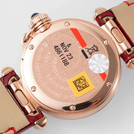 PASHA DE CARTIER WATCH ROSE GOLD CASE AND CRIMSON RED LEATHER STRAP