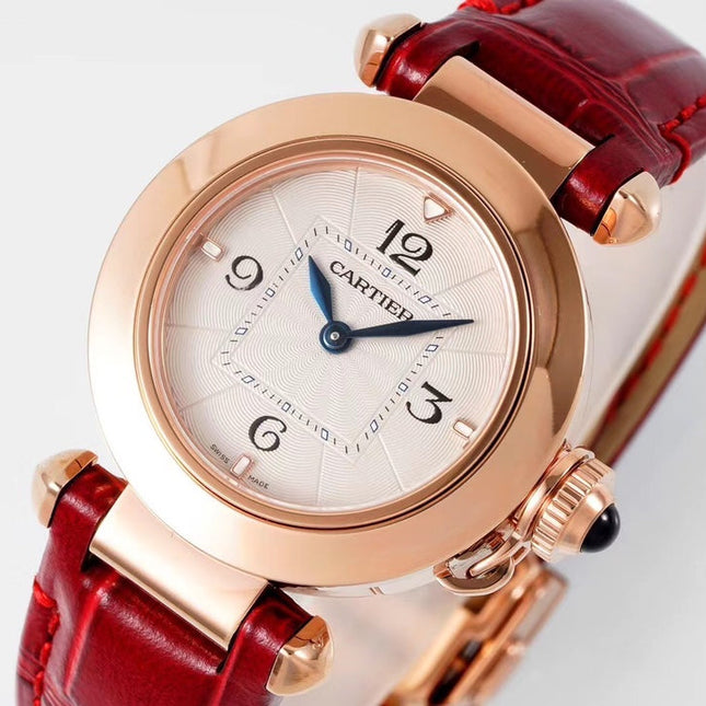 PASHA DE CARTIER WATCH ROSE GOLD CASE AND CRIMSON RED LEATHER STRAP