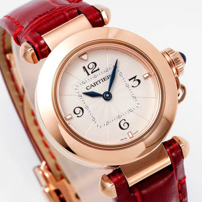 PASHA DE CARTIER WATCH ROSE GOLD CASE AND CRIMSON RED LEATHER STRAP