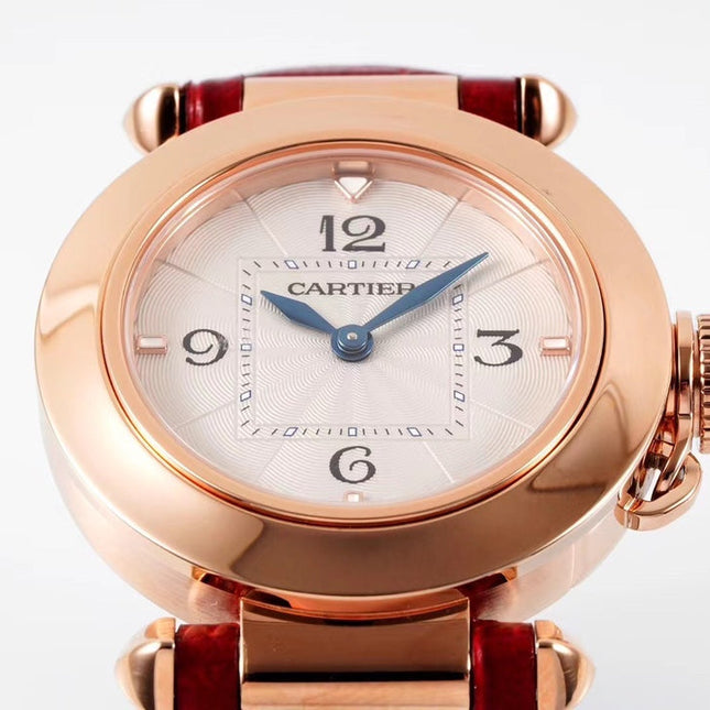 PASHA DE CARTIER WATCH ROSE GOLD CASE AND CRIMSON RED LEATHER STRAP