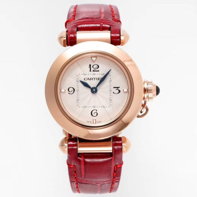 PASHA DE CARTIER WATCH ROSE GOLD CASE AND CRIMSON RED LEATHER STRAP