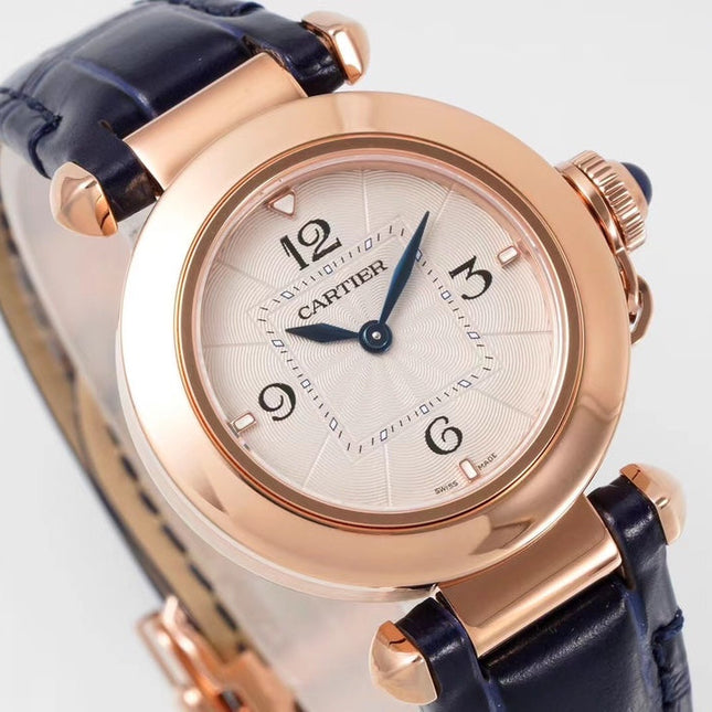 PASHA DE CARTIER WATCH ROSE GOLD CASE AND BLACK LEATHER STRAP
