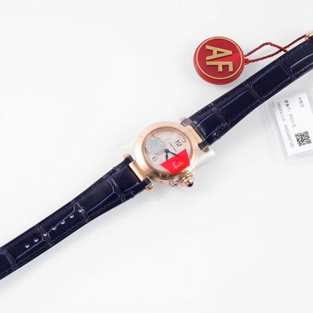 PASHA DE CARTIER WATCH ROSE GOLD CASE AND BLACK LEATHER STRAP