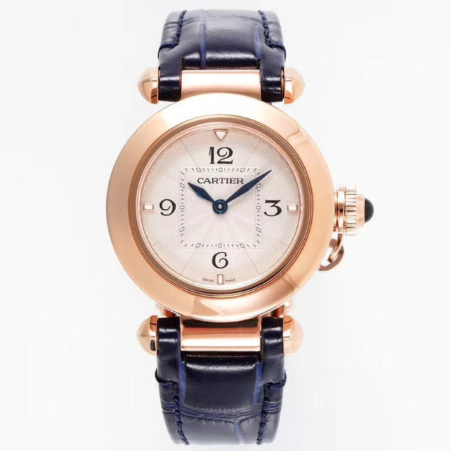 PASHA DE CARTIER WATCH ROSE GOLD CASE AND BLACK LEATHER STRAP