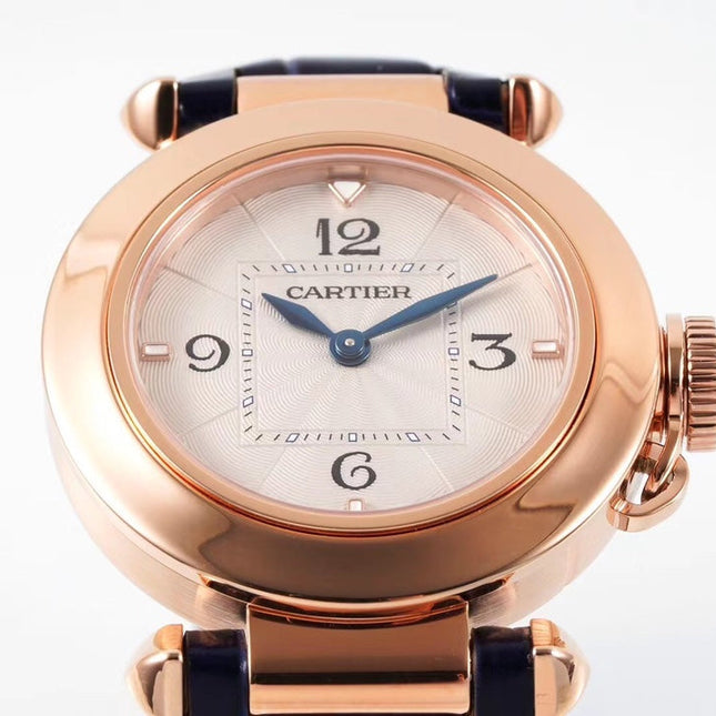 PASHA DE CARTIER WATCH ROSE GOLD CASE AND BLACK LEATHER STRAP