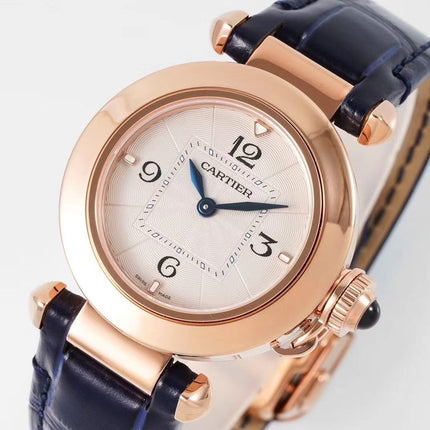 PASHA DE CARTIER WATCH ROSE GOLD CASE AND BLACK LEATHER STRAP