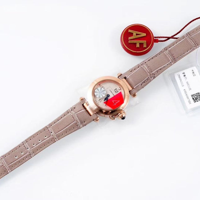 PASHA DE CARTIER WATCH ROSE GOLD CASE AND ROSE BROWN LEATHER STRAP