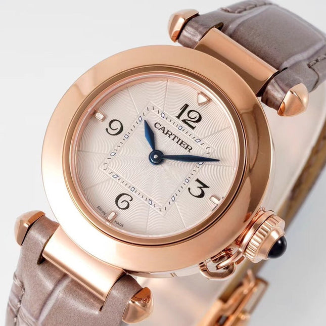 PASHA DE CARTIER WATCH ROSE GOLD CASE AND ROSE BROWN LEATHER STRAP