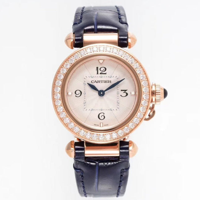 PASHA DE CARTIER WATCH ROSE GOLD CASE WITH CRYSTALS AND BLACK LEATHER STRAP