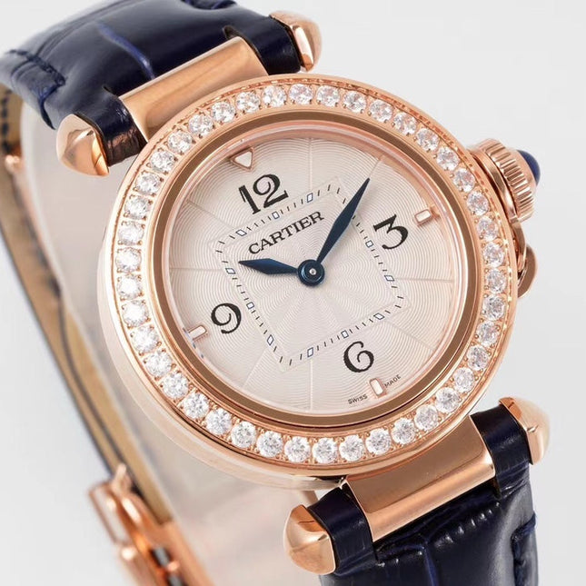 PASHA DE CARTIER WATCH ROSE GOLD CASE WITH CRYSTALS AND BLACK LEATHER STRAP