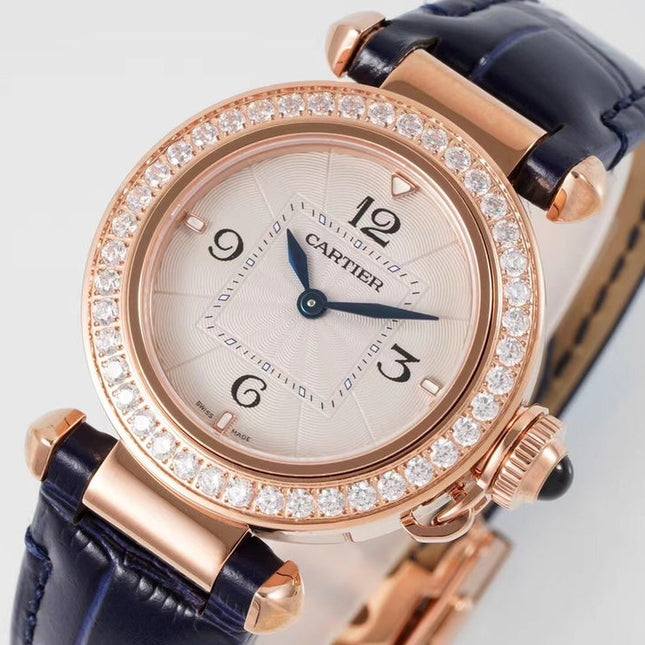 PASHA DE CARTIER WATCH ROSE GOLD CASE WITH CRYSTALS AND BLACK LEATHER STRAP