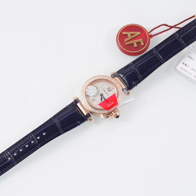 PASHA DE CARTIER WATCH ROSE GOLD CASE WITH CRYSTALS AND BLACK LEATHER STRAP