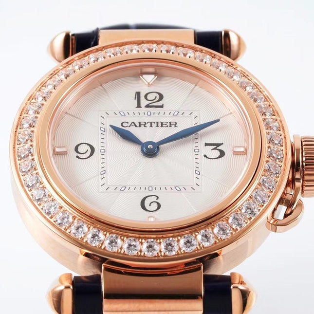 PASHA DE CARTIER WATCH ROSE GOLD CASE WITH CRYSTALS AND BLACK LEATHER STRAP