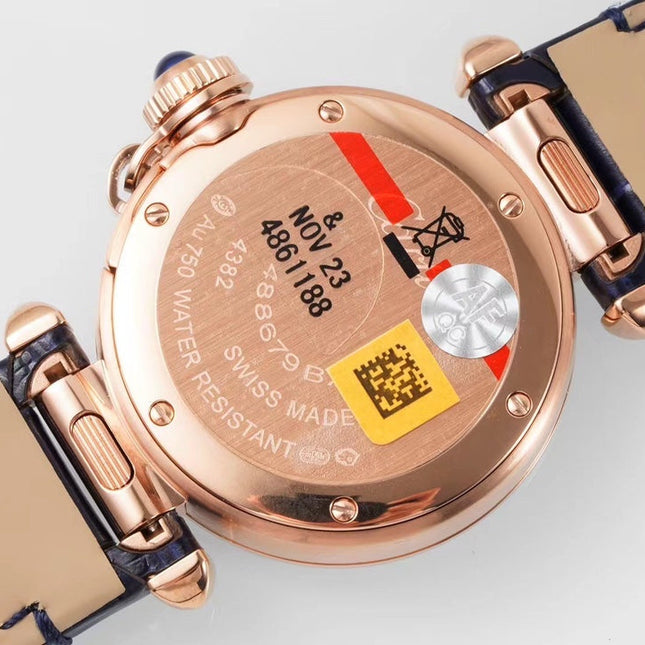 PASHA DE CARTIER WATCH ROSE GOLD CASE WITH CRYSTALS AND BLACK LEATHER STRAP