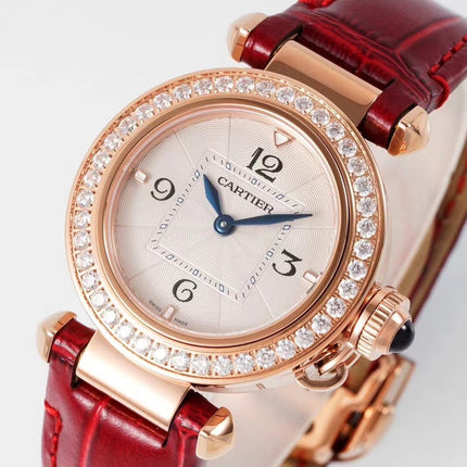 PASHA DE CARTIER WATCH ROSE GOLD CASE WITH CRYSTALS AND CRIMSON RED LEATHER STRAP