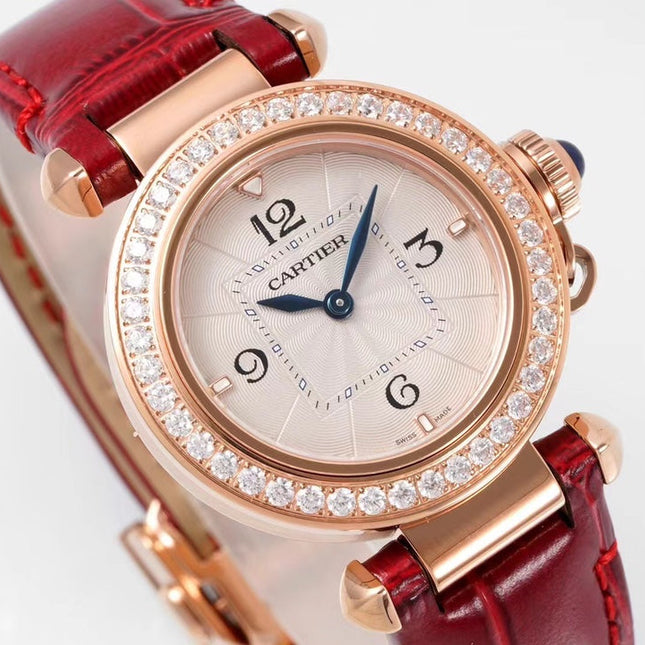 PASHA DE CARTIER WATCH ROSE GOLD CASE WITH CRYSTALS AND CRIMSON RED LEATHER STRAP