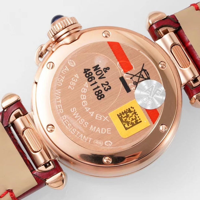 PASHA DE CARTIER WATCH ROSE GOLD CASE WITH CRYSTALS AND CRIMSON RED LEATHER STRAP