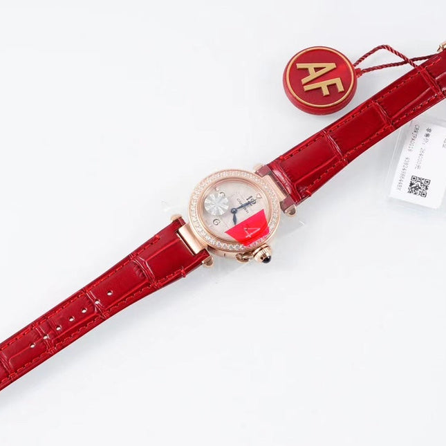 PASHA DE CARTIER WATCH ROSE GOLD CASE WITH CRYSTALS AND CRIMSON RED LEATHER STRAP