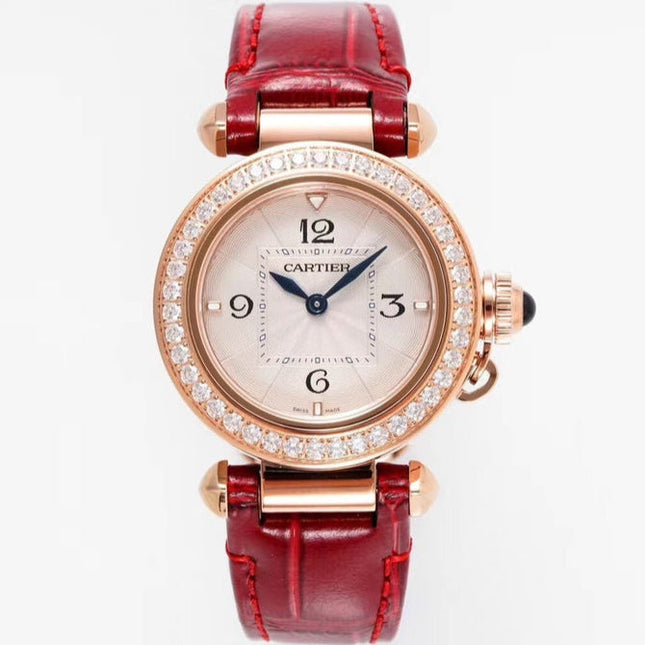 PASHA DE CARTIER WATCH ROSE GOLD CASE WITH CRYSTALS AND CRIMSON RED LEATHER STRAP