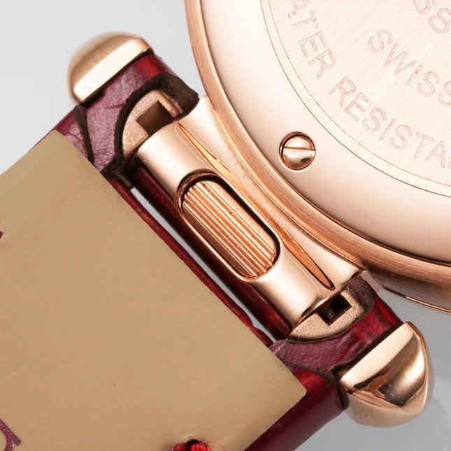 PASHA DE CARTIER WATCH ROSE GOLD CASE WITH CRYSTALS AND CRIMSON RED LEATHER STRAP