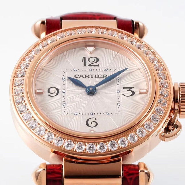 PASHA DE CARTIER WATCH ROSE GOLD CASE WITH CRYSTALS AND CRIMSON RED LEATHER STRAP