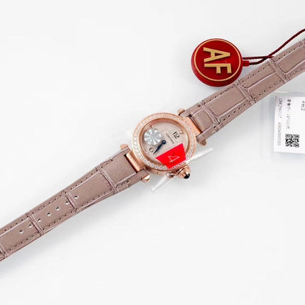 PASHA DE CARTIER WATCH ROSE GOLD CASE WITH CRYSTALS AND ROSE BROWN LEATHER STRAP