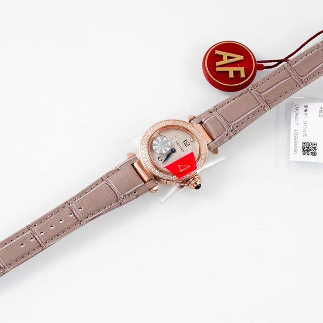 PASHA DE CARTIER WATCH ROSE GOLD CASE WITH CRYSTALS AND ROSE BROWN LEATHER STRAP